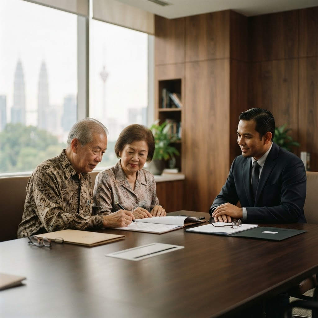 A trust officer reviewing estate documents with clients at a Kuala Lumpur office